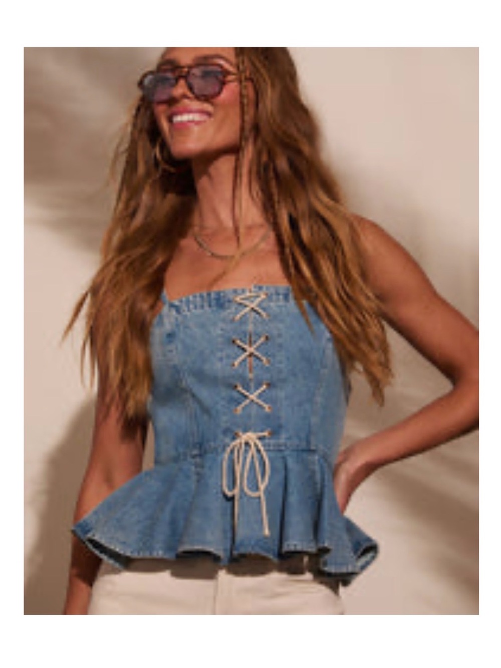 Vici- Blue Denim Lace-Up Peplum Top